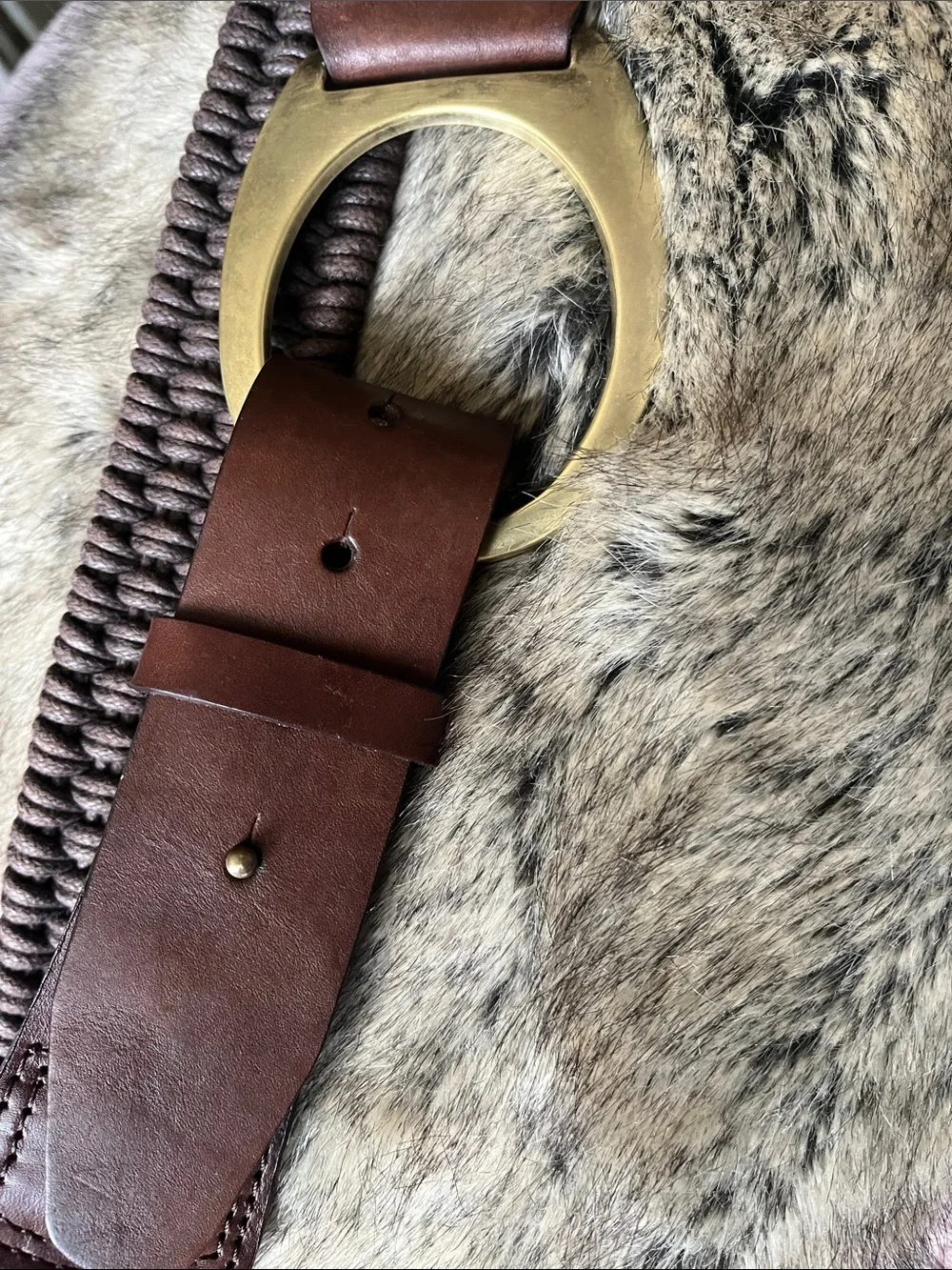 Oscar de la Renta Brown Woven Leather Belt with Brass Oval Buckle EUC